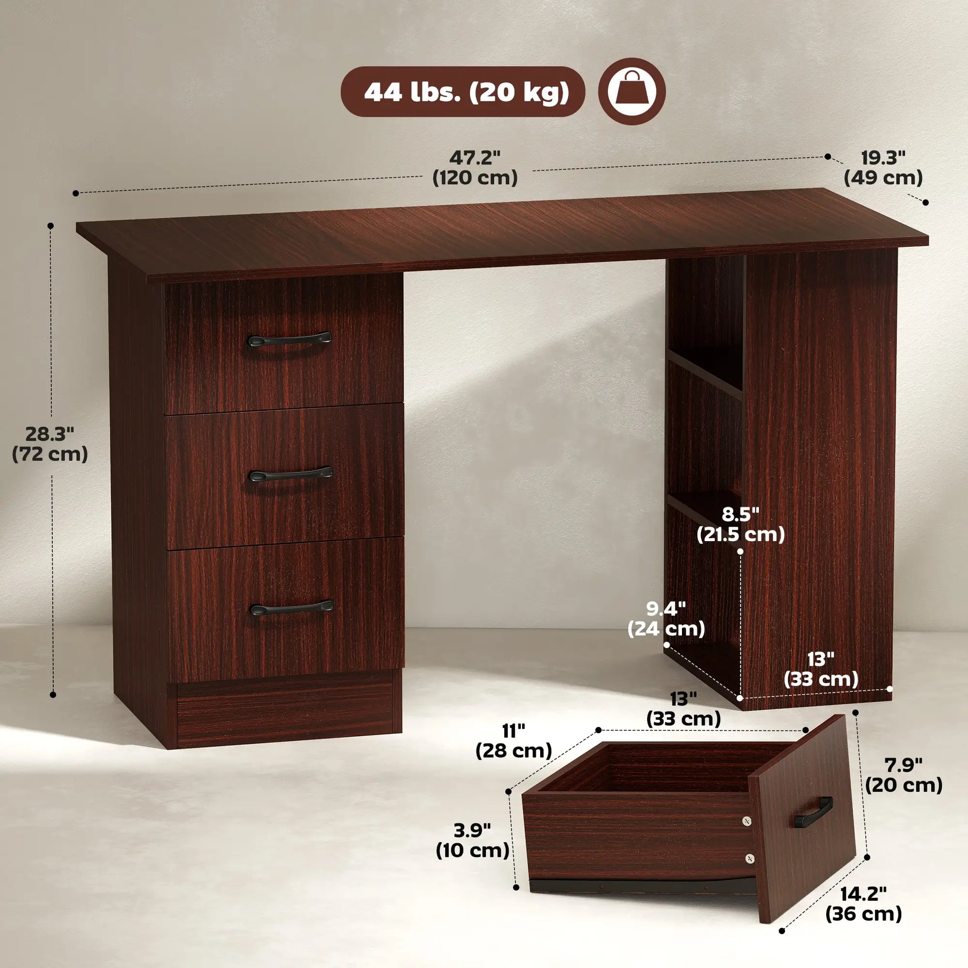 47 Inches Office Desk, 3-Tier Storage Shelves, Drawers, Walnut Writing Desks at Gallery Canada