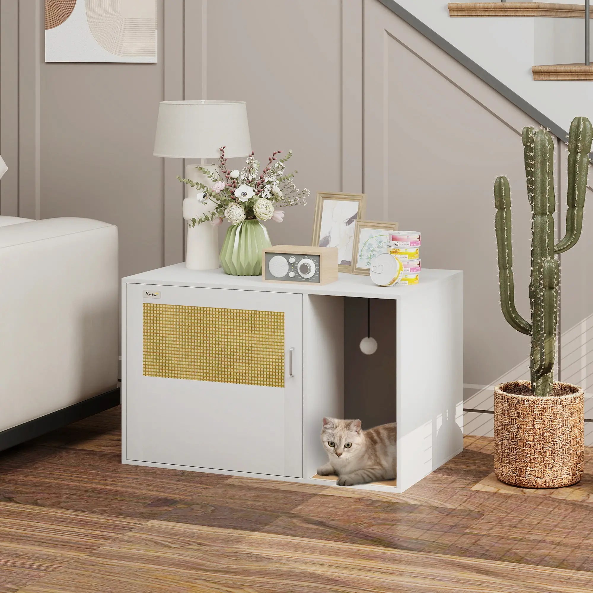 Cat Litter Box Enclosure, End Side Table with Rattan Door, Scratching Pad, White Cat Litter Box Enclosures at Gallery Canada