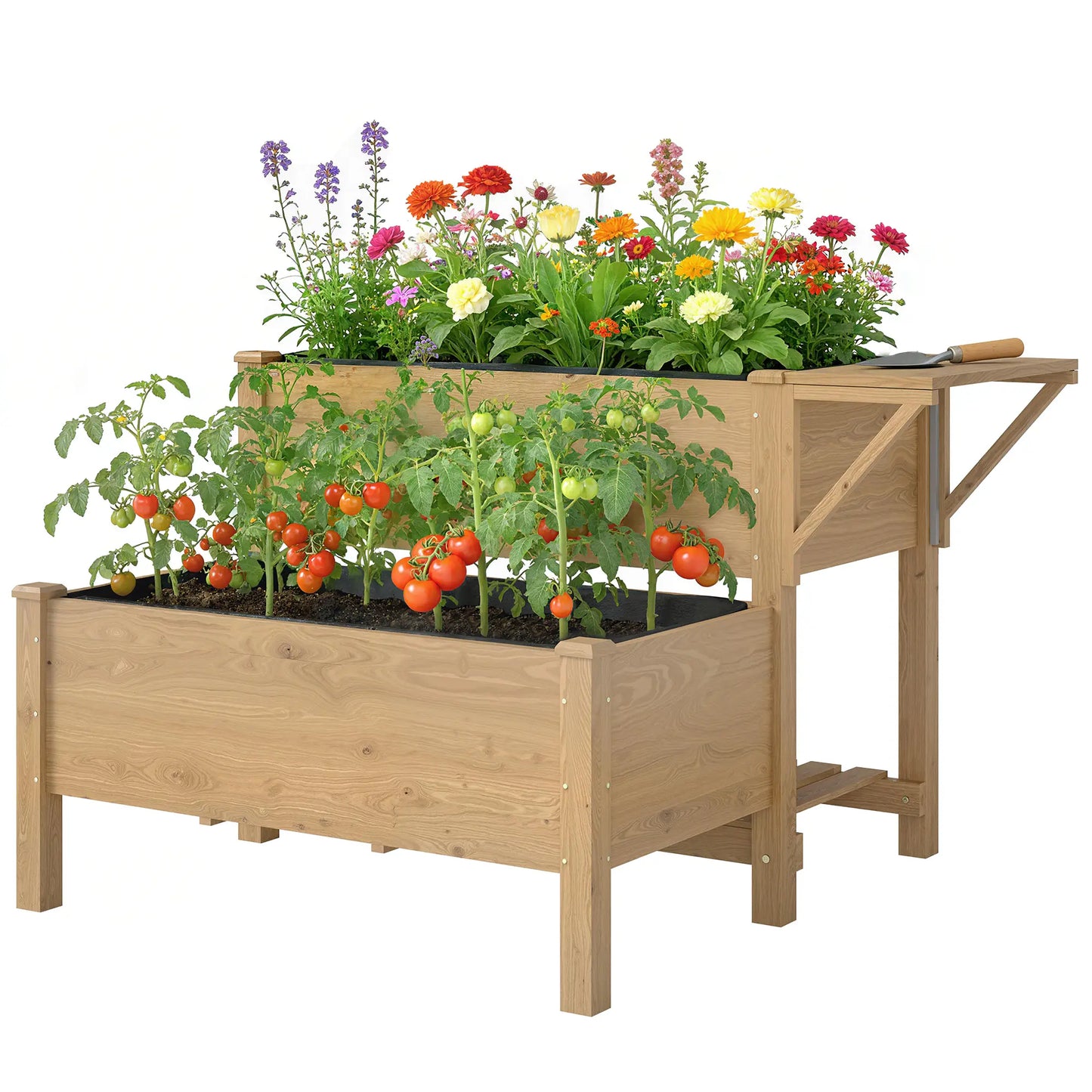 Wooden Raised Garden Bed, 2-Tier Planter With Storage Shelf Elevated Garden Beds Light Brown at Gallery Canada