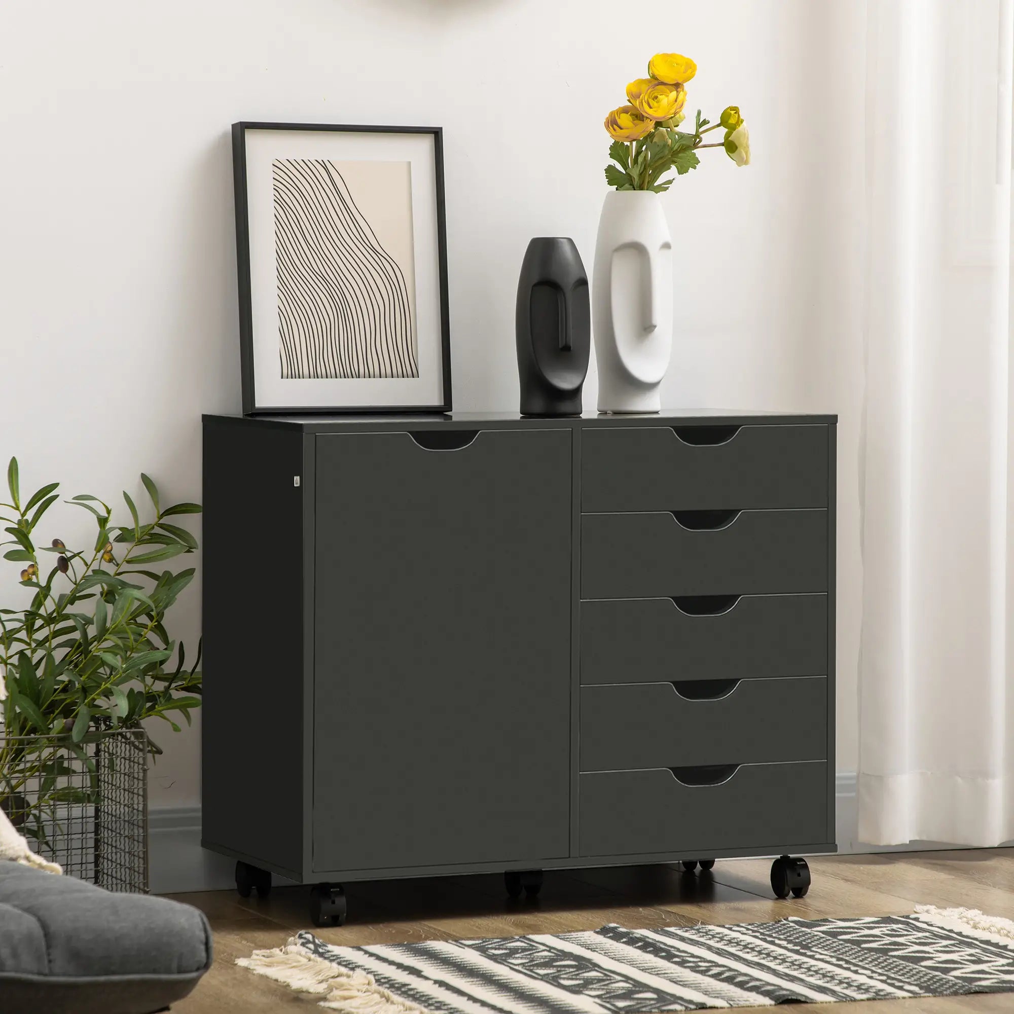 5-Drawer Lateral Filing Cabinet with Door, Adjustable Shelf, Wheels, Black Storage Cabinets at Gallery Canada