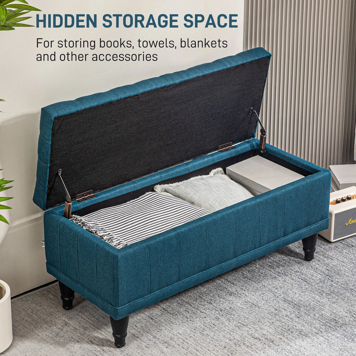 Linen Storage Ottoman, Button Tufted Bench for Bedroom, Blue Storage Ottomans & Benches at Gallery Canada