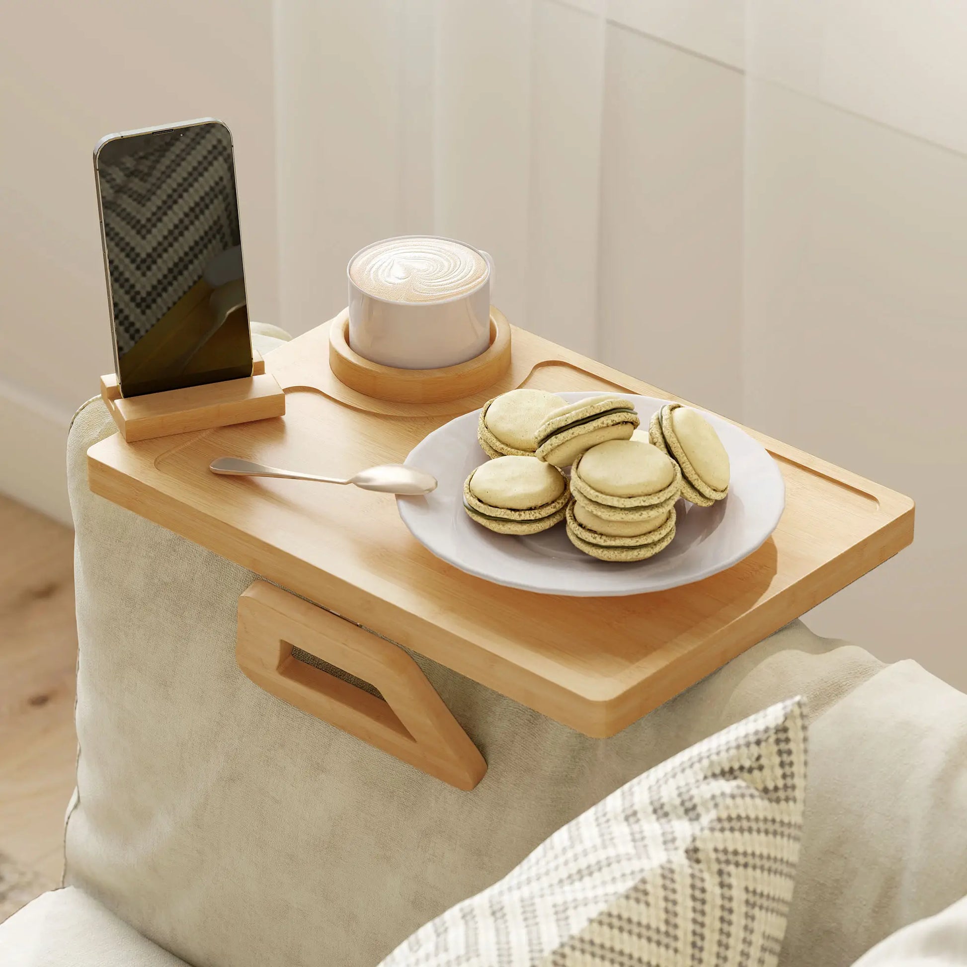Clip-On Side Table, 360 Rotating Phone Holder, Removable Cup Holder, Natural Living Room Furniture at Gallery Canada