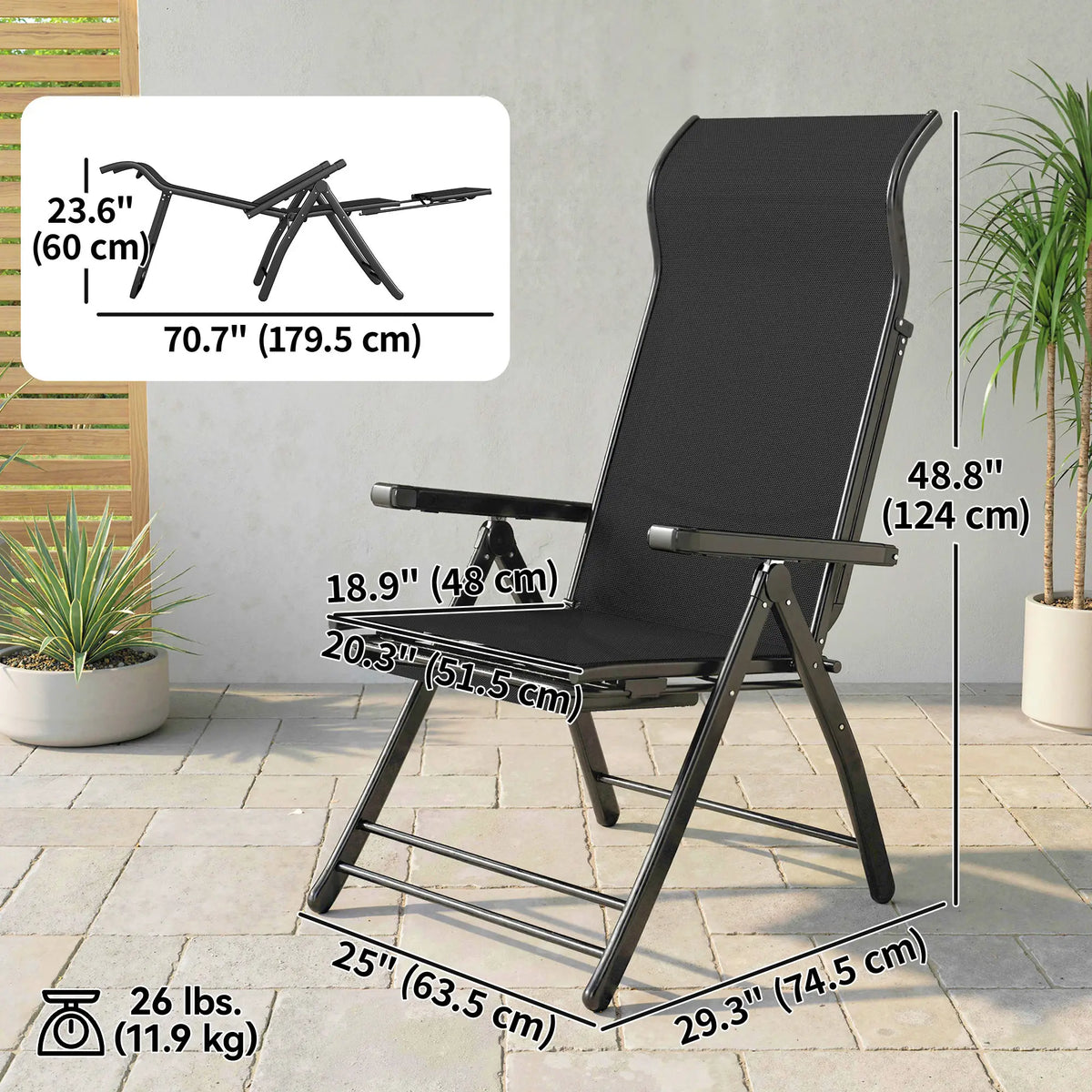 Folding Patio Chairs Set of 2, 5-Position Outdoor Lounge Chairs, Black Lounger Chairs at Gallery Canada