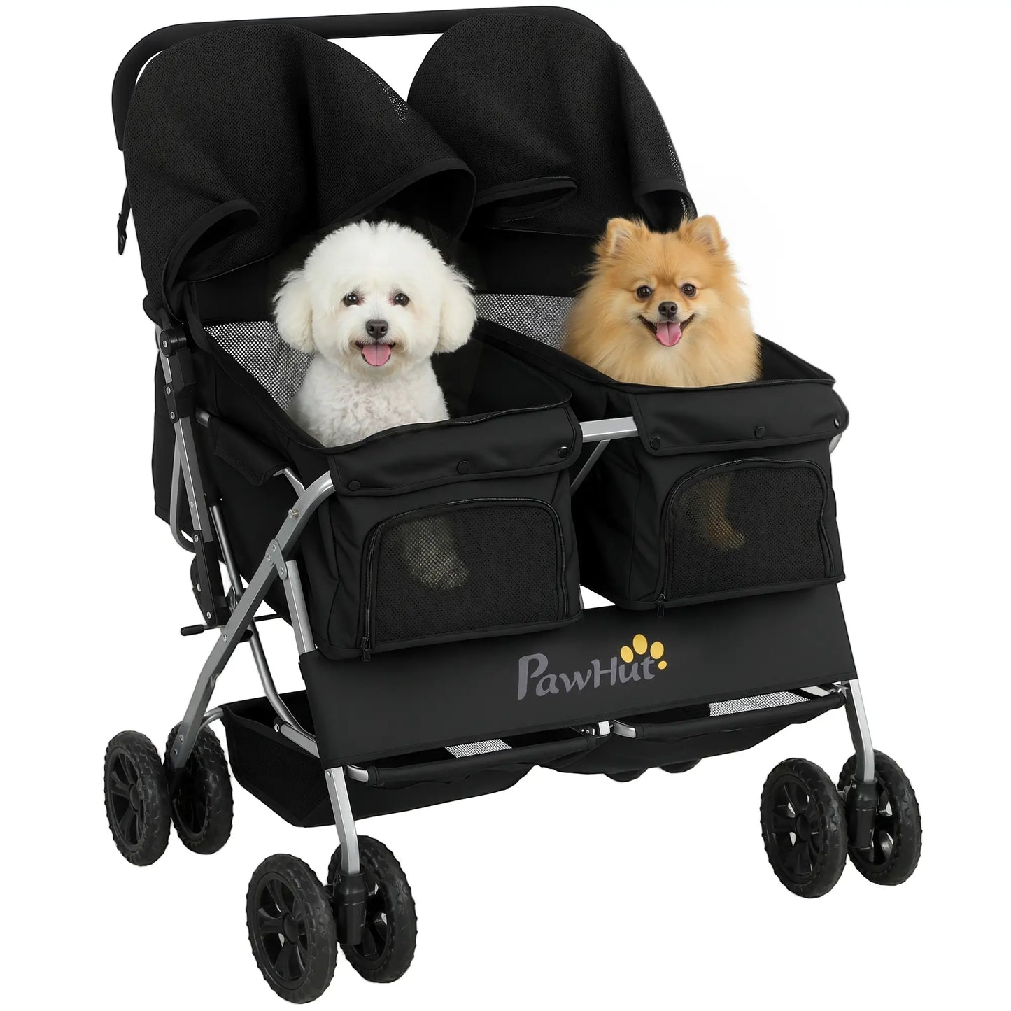 Double Pet Stroller, Foldable Dog Stroller with 2-Seater Carrier, Sunshade, Removable Pad, Safety Belt, Storage Basket Dog Bike Trailers & Strollers at Gallery Canada