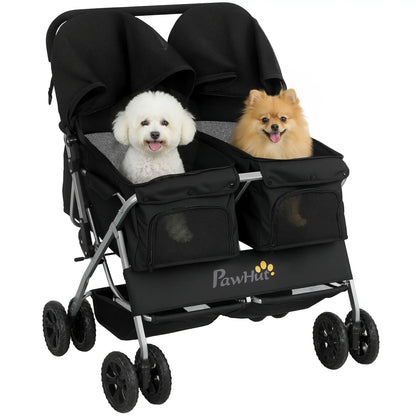 Double Pet Stroller, Foldable Dog Stroller with 2-Seater Carrier, Sunshade, Removable Pad, Safety Belt, Storage Basket Dog Bike Trailers & Strollers at Gallery Canada