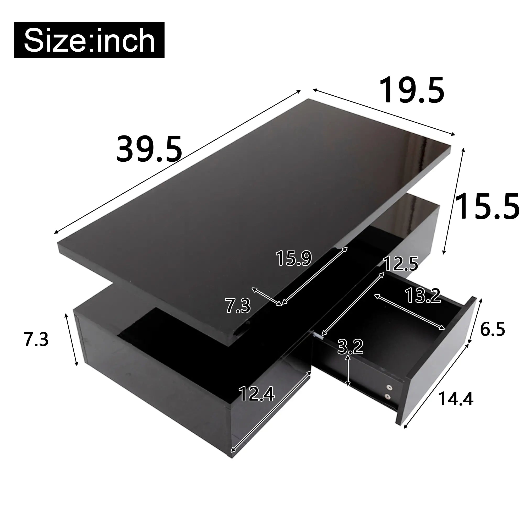 High-Gloss Coffee Table, Hidden Drawer, 39.5