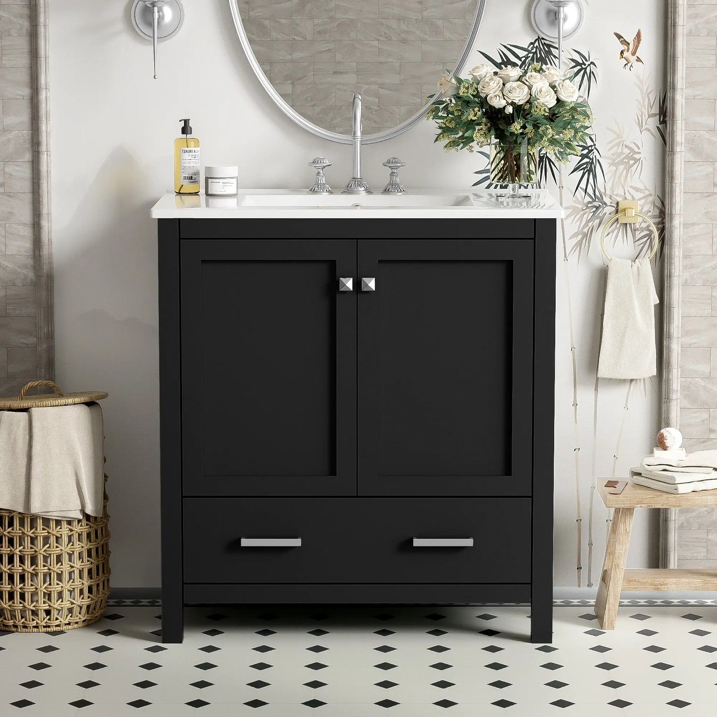 30" Bathroom Vanity, Single Undermount Sink, Soft-Close Doors, Black+White Sink Cabinets at Gallery Canada