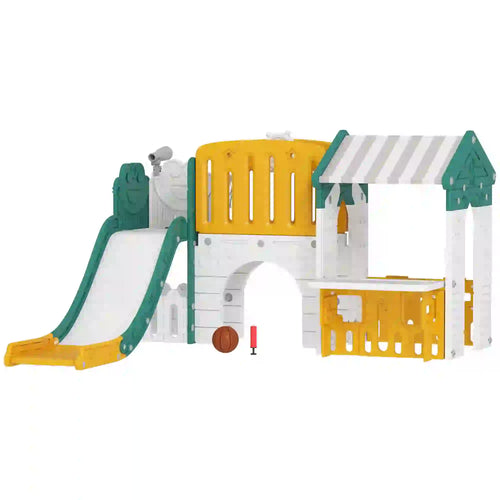 7-in-1 Toddler Slide Climber, Playhouse Basketball Hoop, Yellow