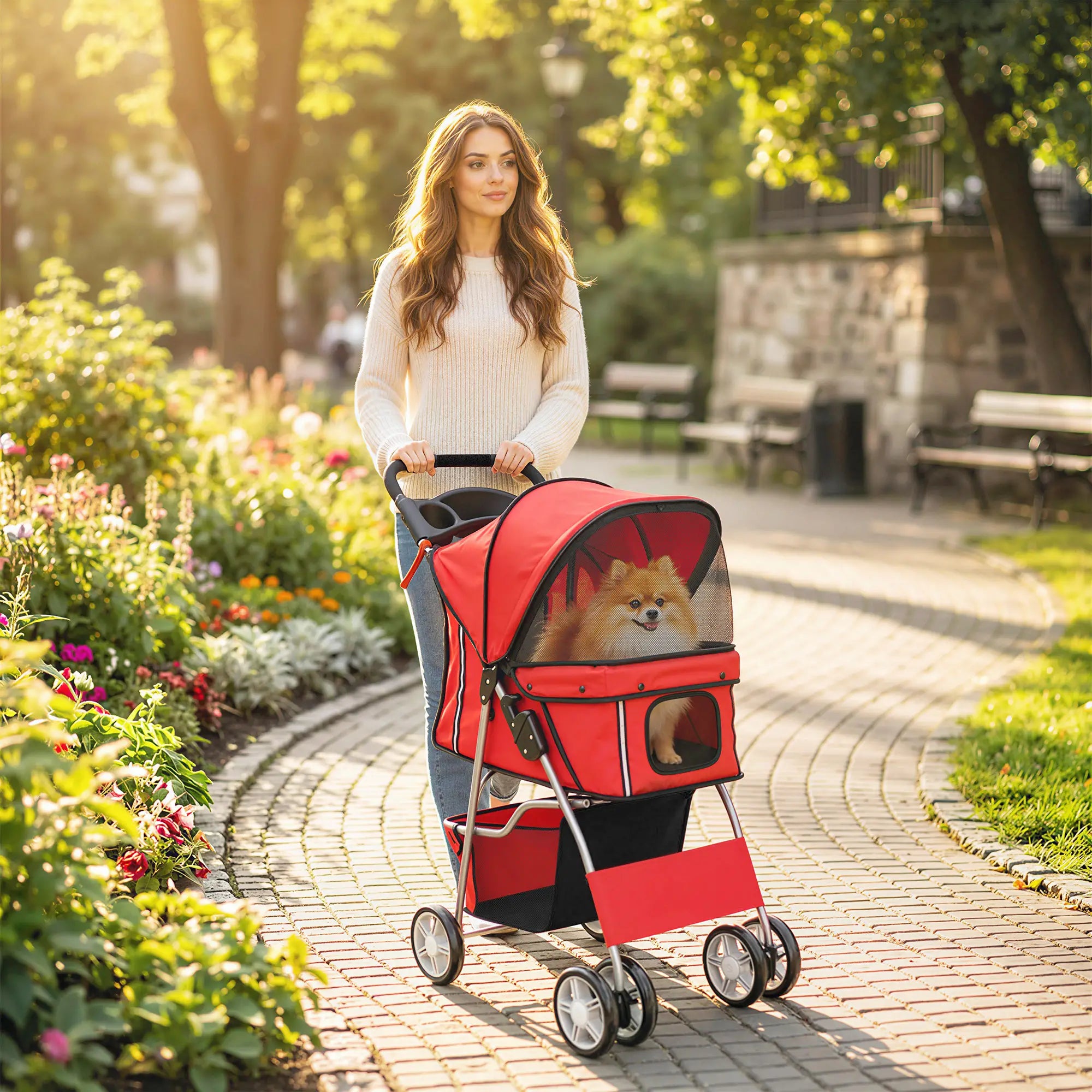Foldable Pet Stroller, 360° Swivel Wheels, Reflective Strips, Red Dog Bike Trailers & Strollers at Gallery Canada