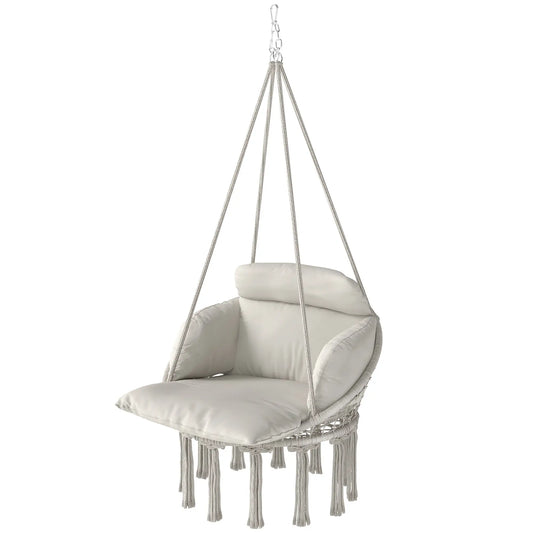 Boho Hammock Chair Swing with Cushion, Chain, Steel Frame, Cream Hammock Swings Cream at Gallery Canada