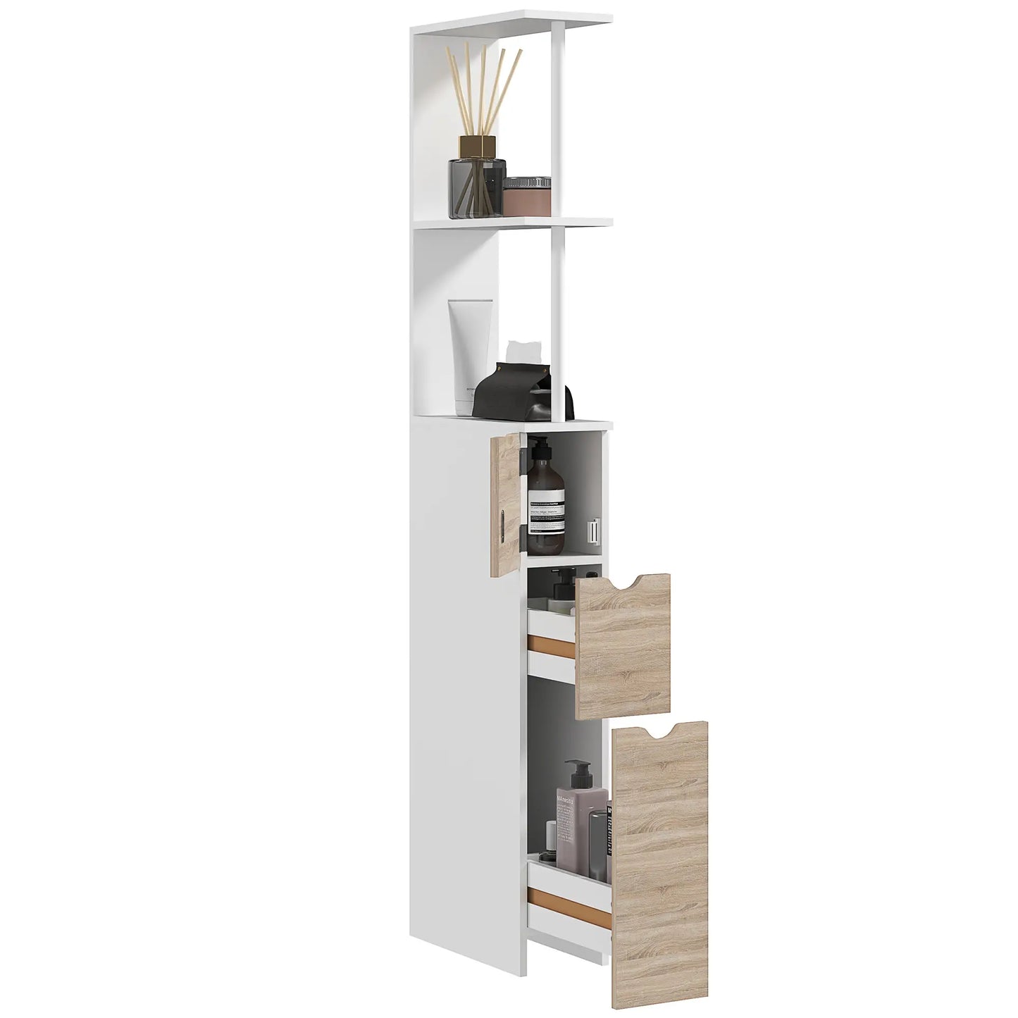 Tall Bathroom Storage Cabinet, Narrow Bathroom Cabinet with Drawers and Open Shelves for Small Spaces, Natural Wood Freestanding Bathroom Cabinets at Gallery Canada
