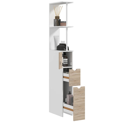 Tall Bathroom Storage Cabinet, Narrow Bathroom Cabinet with Drawers and Open Shelves for Small Spaces, Natural Wood Freestanding Bathroom Cabinets at Gallery Canada