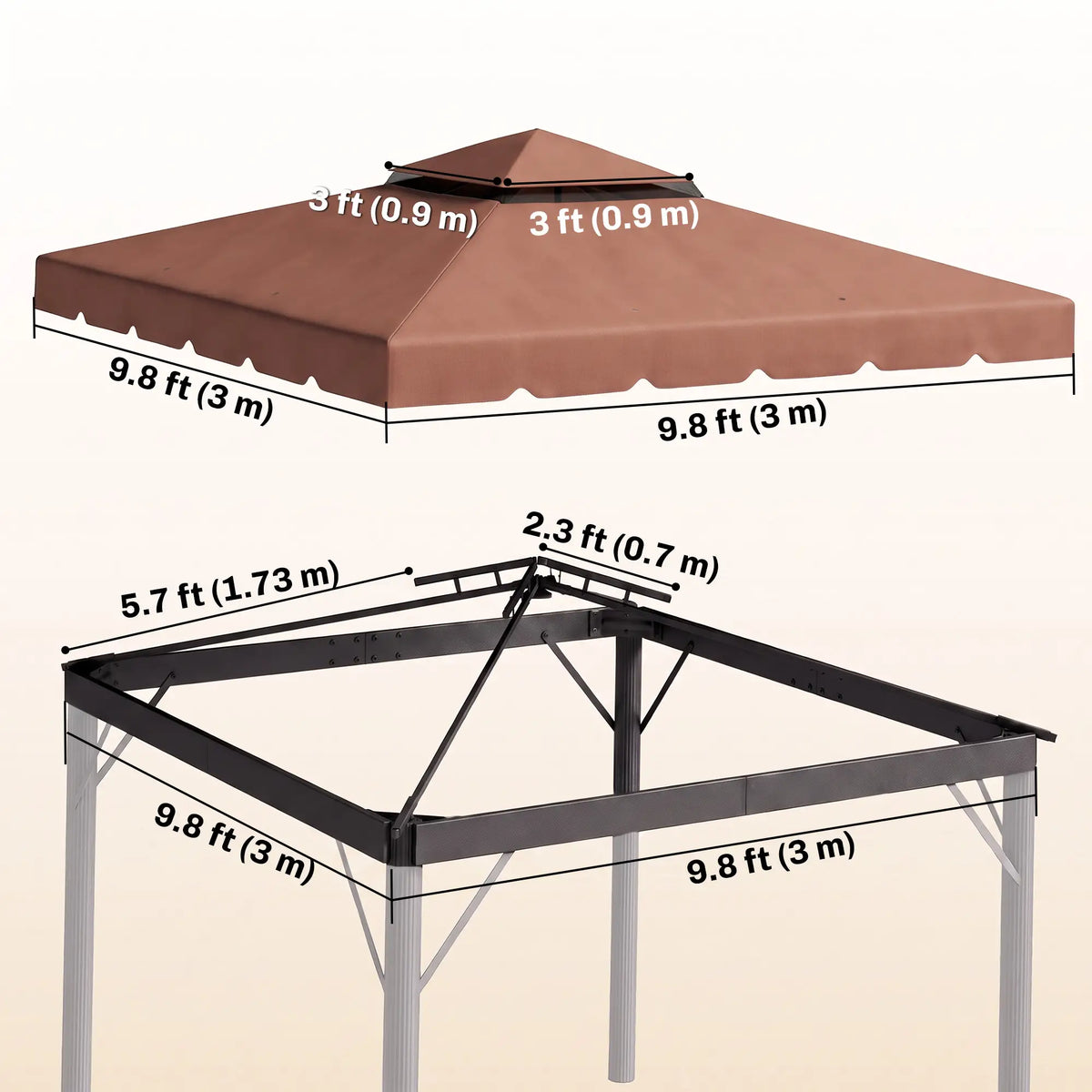 Auvent de remplacement pour tonnelle 9,8 x 9,8 pi, couverture supérieure avec double toit ventilé pour jardin, terrasse, extérieur (haut uniquement), café