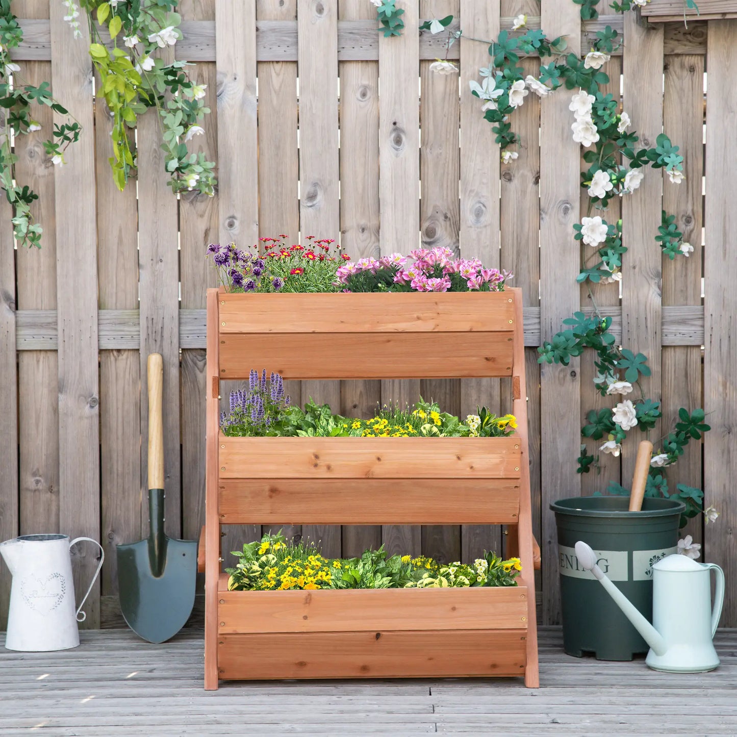 3 Tier Elevated Planter Box, Wooden Raised Garden Bed, 26" x 30" x 30", Brown Elevated Garden Beds at Gallery Canada