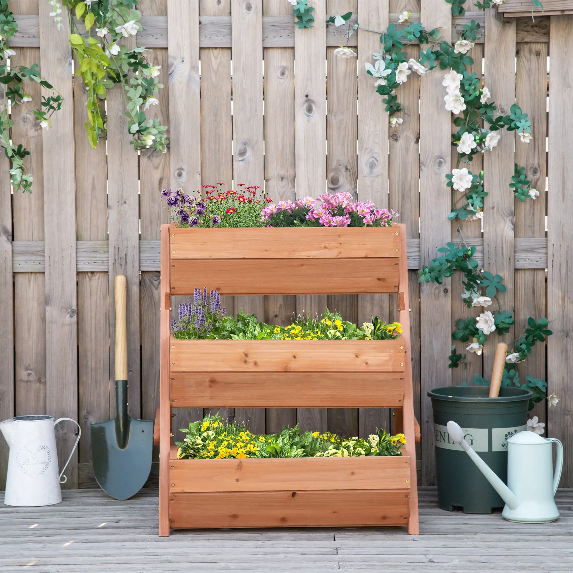 3 Tier Elevated Planter Box, Wooden Raised Garden Bed, 26" x 30" x 30", Brown Elevated Garden Beds at Gallery Canada
