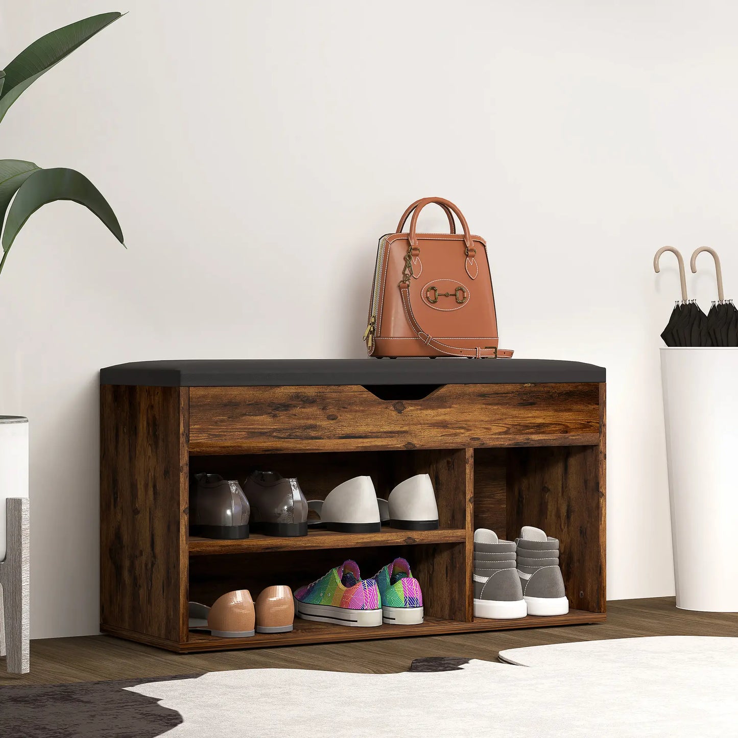 Shoe Bench with Padded Cushion, Hidden Storage, Rustic Brown Shoe Storage Cabinets & Racks at Gallery Canada