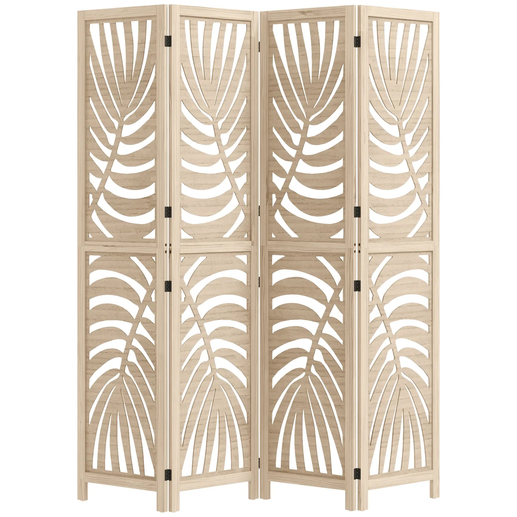 4 Panel Room Divider, Detachable Folding Privacy Screen, Palm Leaf Design, Natural Wood Finish Room Dividers Natural at Gallery Canada