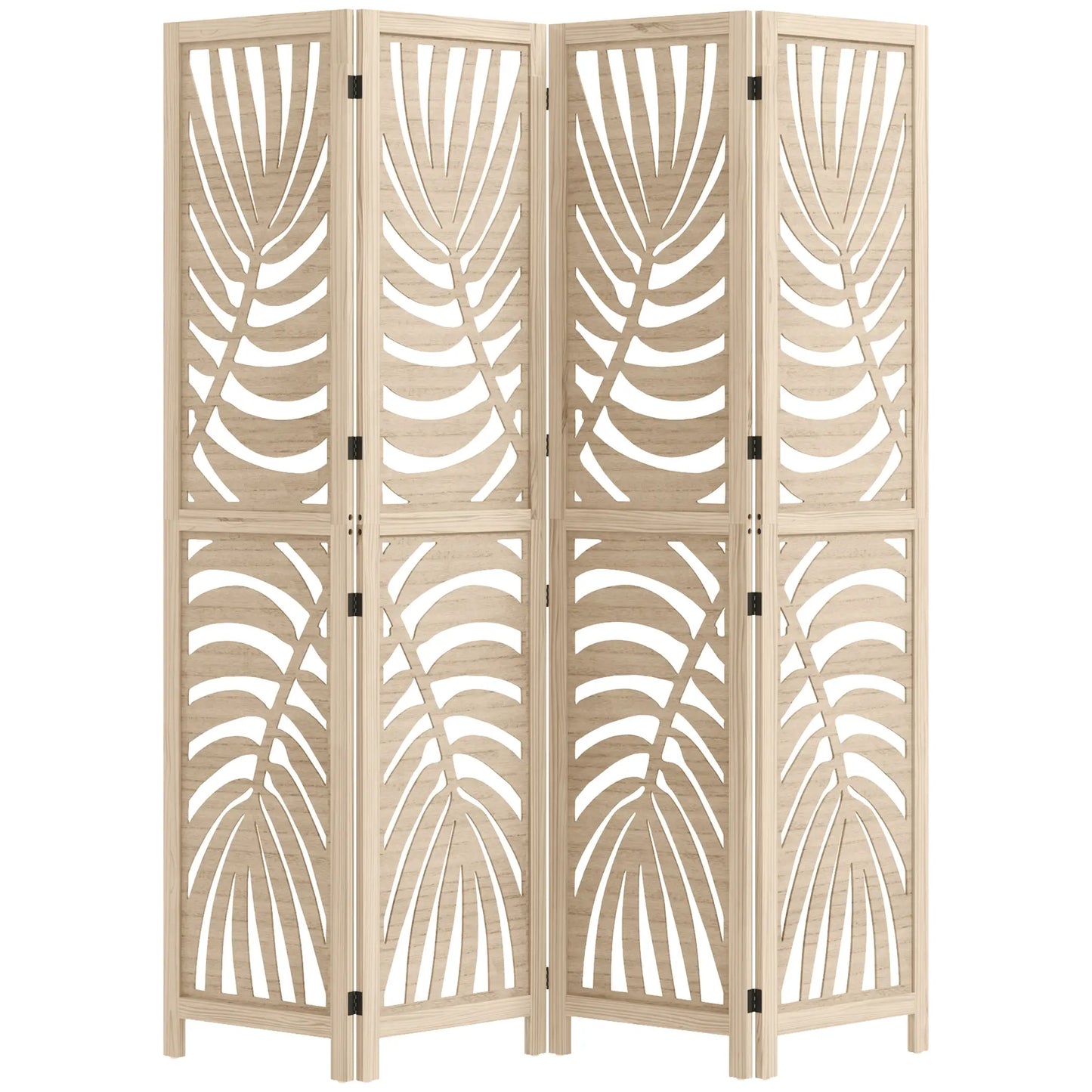4 Panel Room Divider, Detachable Folding Privacy Screen, Palm Leaf Design, Natural Wood Finish Room Dividers Natural at Gallery Canada