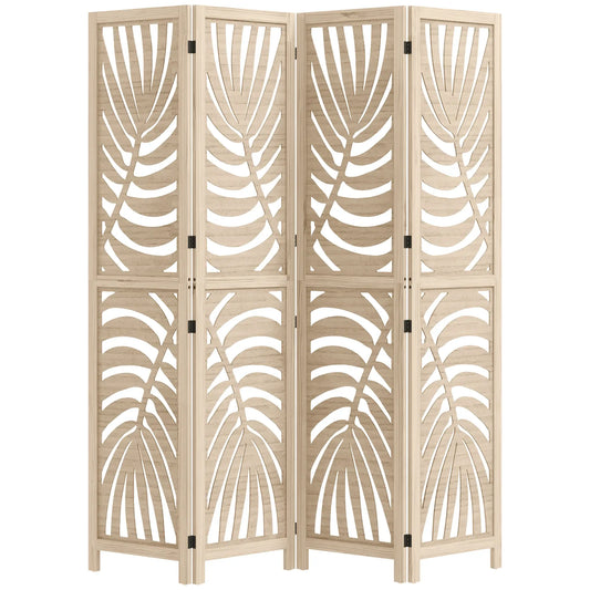 4 Panel Room Divider, Detachable Folding Privacy Screen, Palm Leaf Design, Natural Wood Finish Room Dividers Natural at Gallery Canada