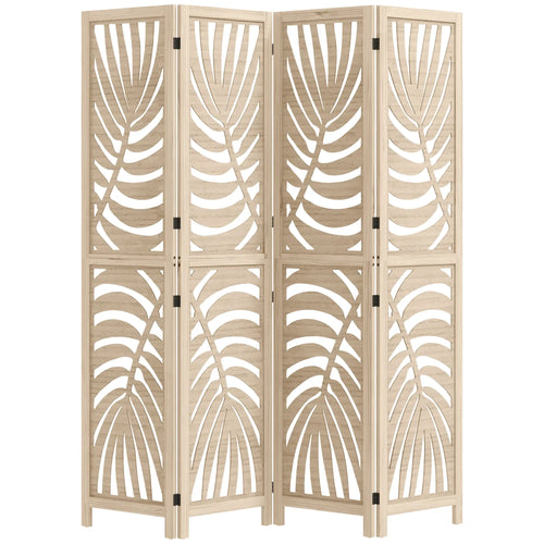4 Panel Room Divider, Detachable Folding Privacy Screen, Palm Leaf Design, Natural Wood Finish