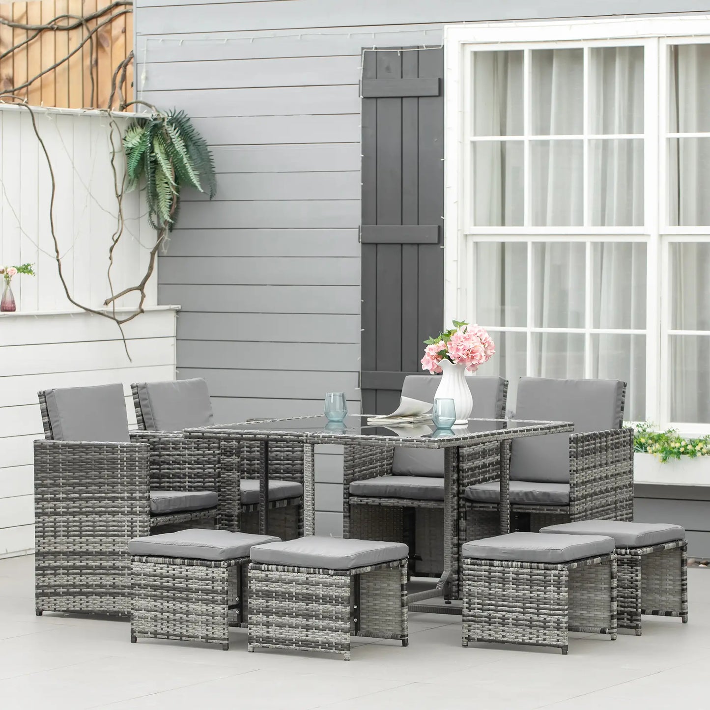 9-Piece Wicker Patio Dining Set, Removable Cushions, Glass Table, Grey Outdoor Dining Sets at Gallery Canada