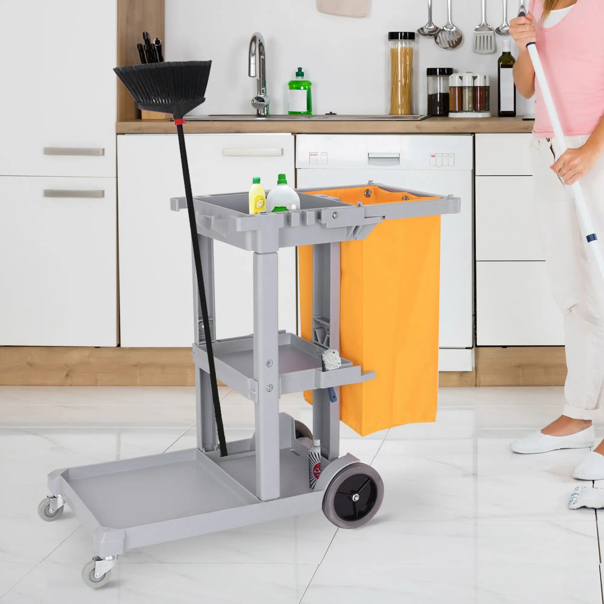 Janitorial Cart with 3 Shelves, Wheels, Rubbish Bag, Mop Holders, Grey Household Supplies at Gallery Canada