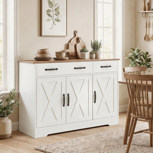 43" Sideboard Buffet Cabinet, 3 Barn Doors, 2 Drawers, White Bar Cabinets White, Dark Brown at Gallery Canada