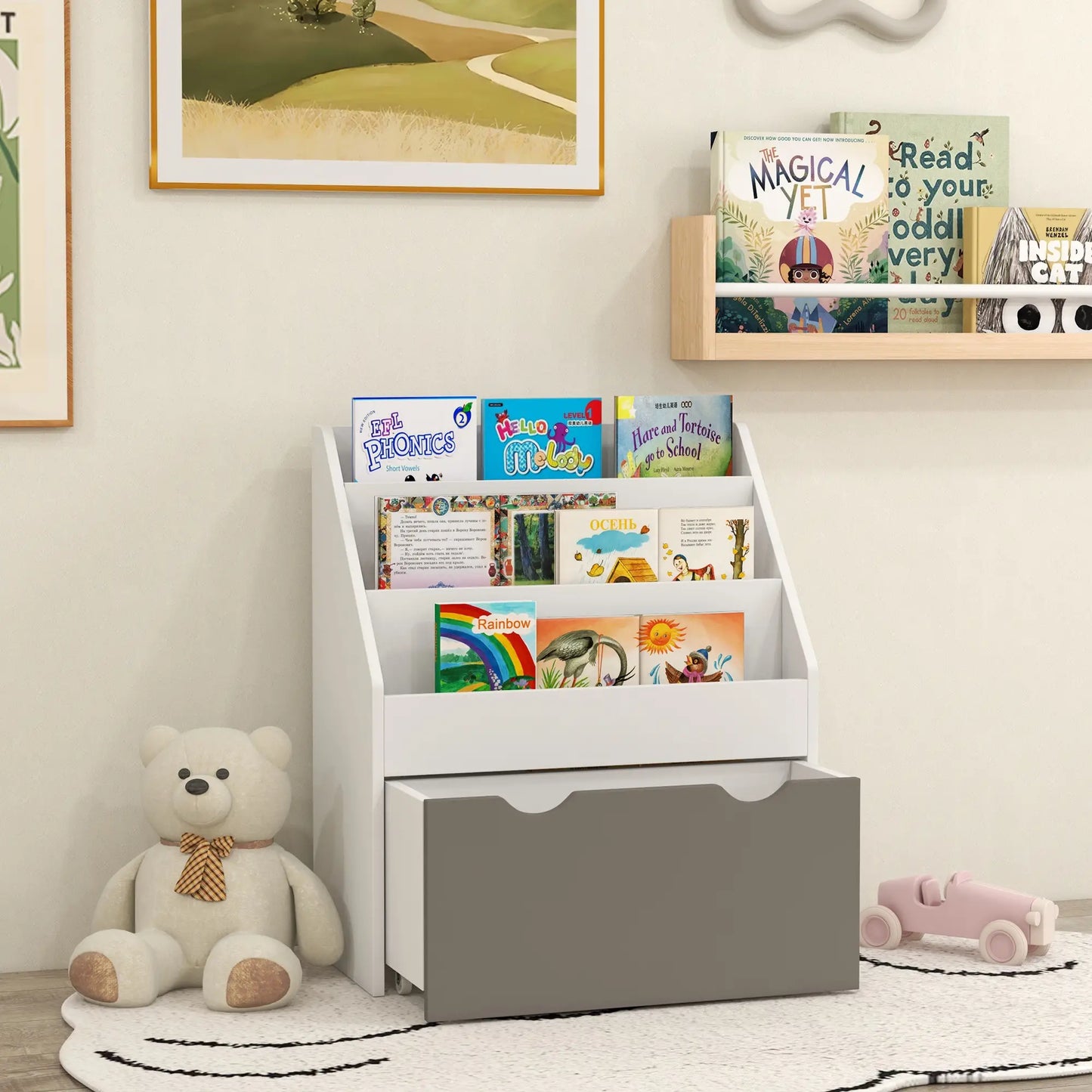 Kids Bookshelf, 3 Tier Display Shelves with Drawer, Grey Baby & Kids Storage at Gallery Canada