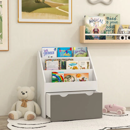 Kids Bookshelf, 3 Tier Display Shelves with Drawer, Grey Baby & Kids Storage at Gallery Canada