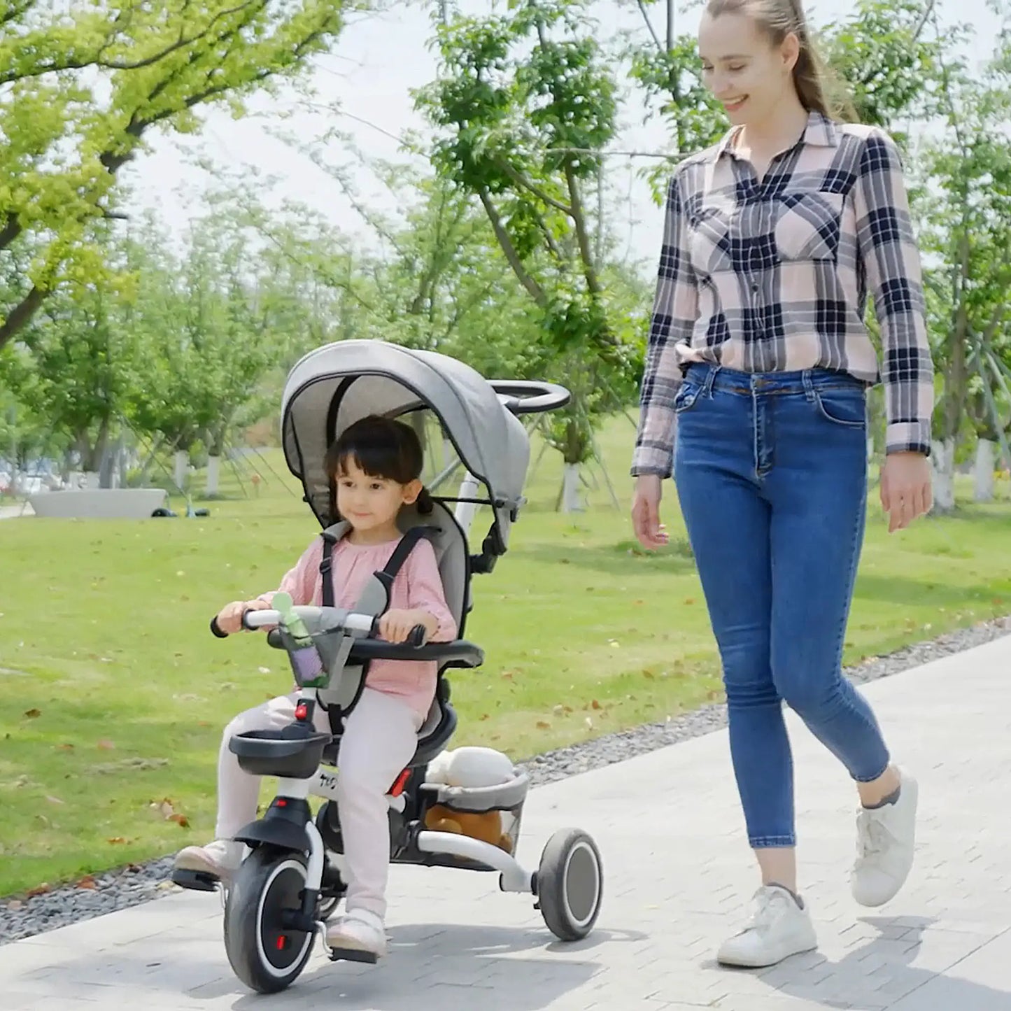 6-in-1 Toddler Tricycle, Adjustable Seat, Push Handle, Grey Tricycles for Kids at Gallery Canada