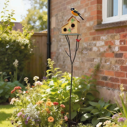 57" Outdoor Bird House With Pole, Double-Hole Metal Birdhouse, Yellow Birds at Gallery Canada