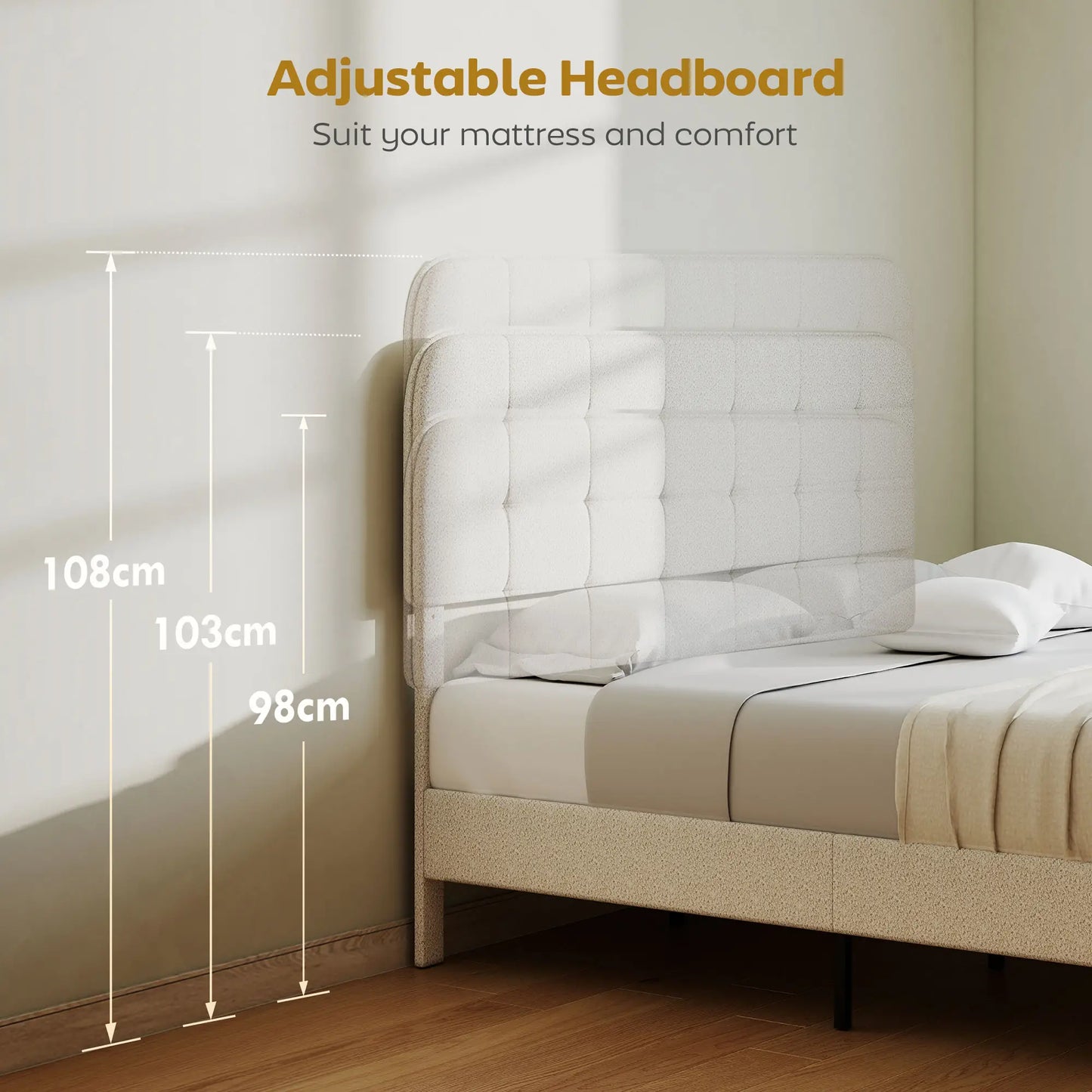 King Size Bed Frame, Adjustable Headboard, Upholstered Platform, White Bed Frames at Gallery Canada