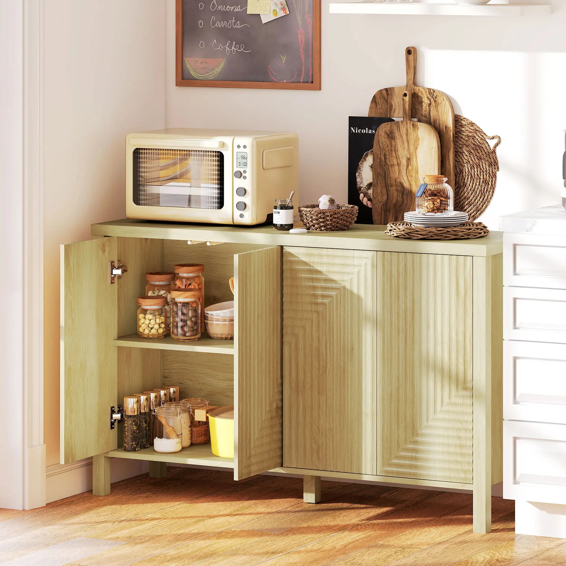 47 Inch Buffet Cabinet, Fluted Sideboard, Push Open, 2 Shelves, 4 Doors, Natural Bar Cabinets at Gallery Canada