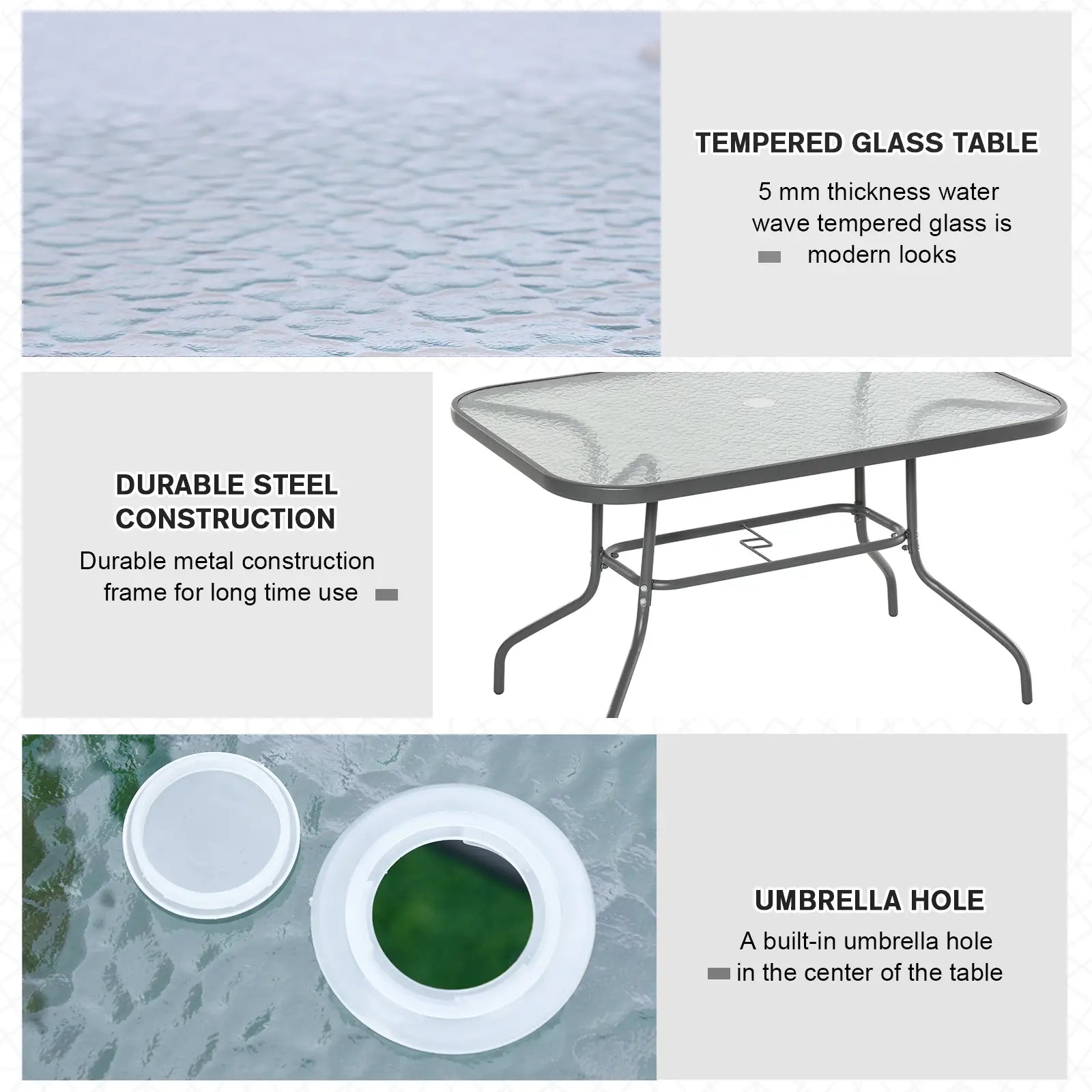 Metal Garden Dining Table, Umbrella Hole, Tempered Glass Top, 47.25