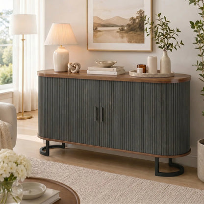 55" Buffet Bahut à Portes Coulissantes Cannetées, Noir