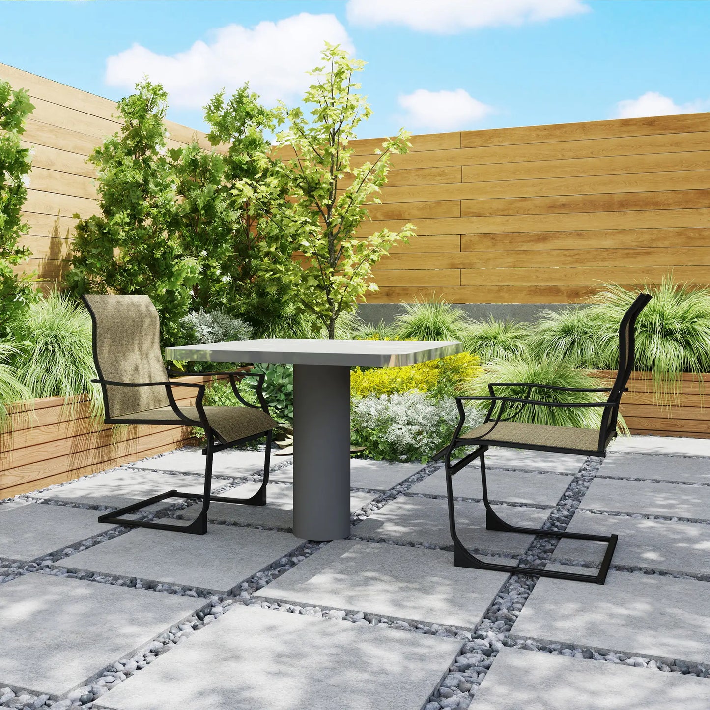 Spring Motion Patio Chairs Set Of 2, Curved High Backrest, Armrest, All Weather Fabric, Metal Frame Outdoor Dining Sets at Gallery Canada