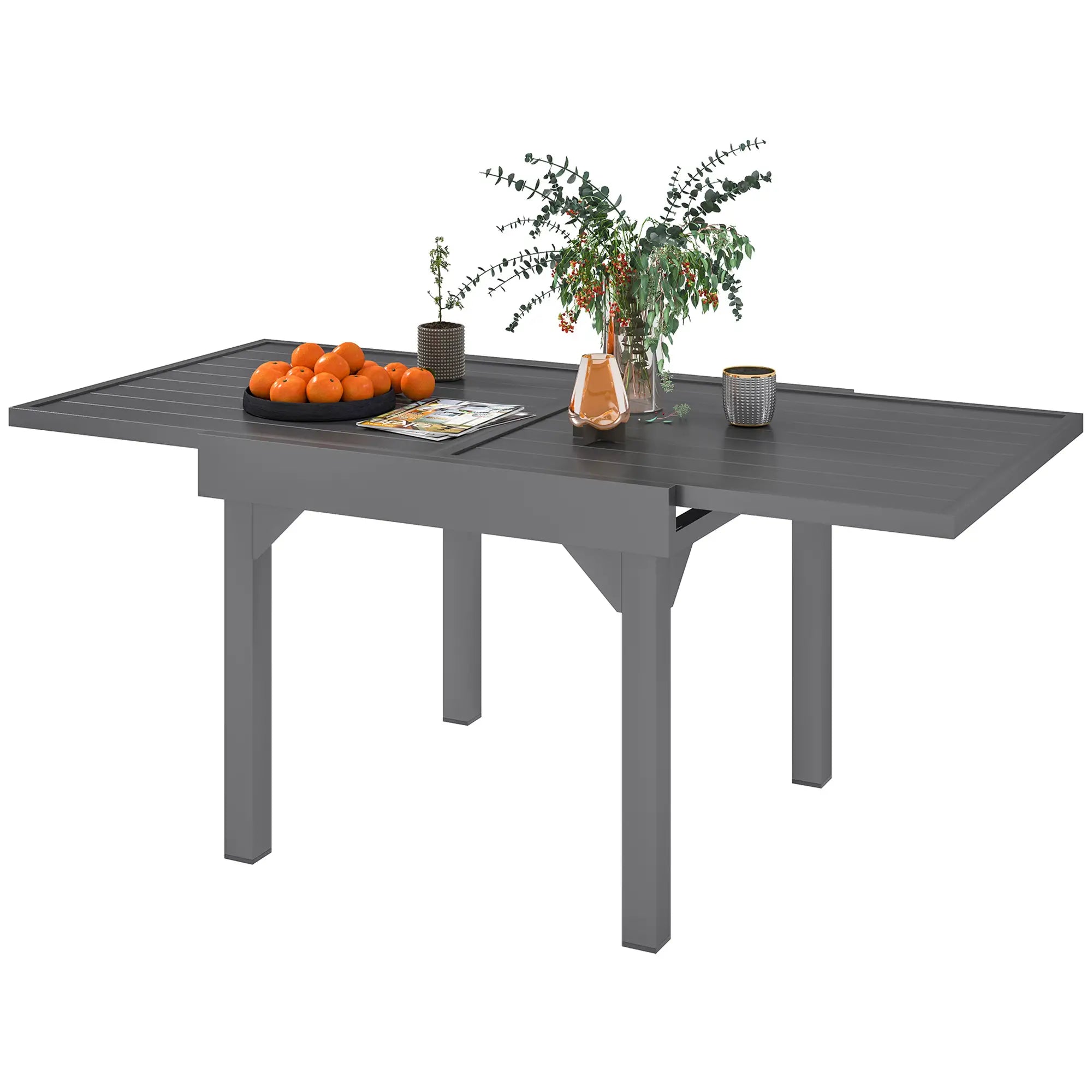 35-71 Inch Extendable Aluminum Outdoor Dining Table, Slatted Top, Grey Patio Dinning Tables Grey at Gallery Canada