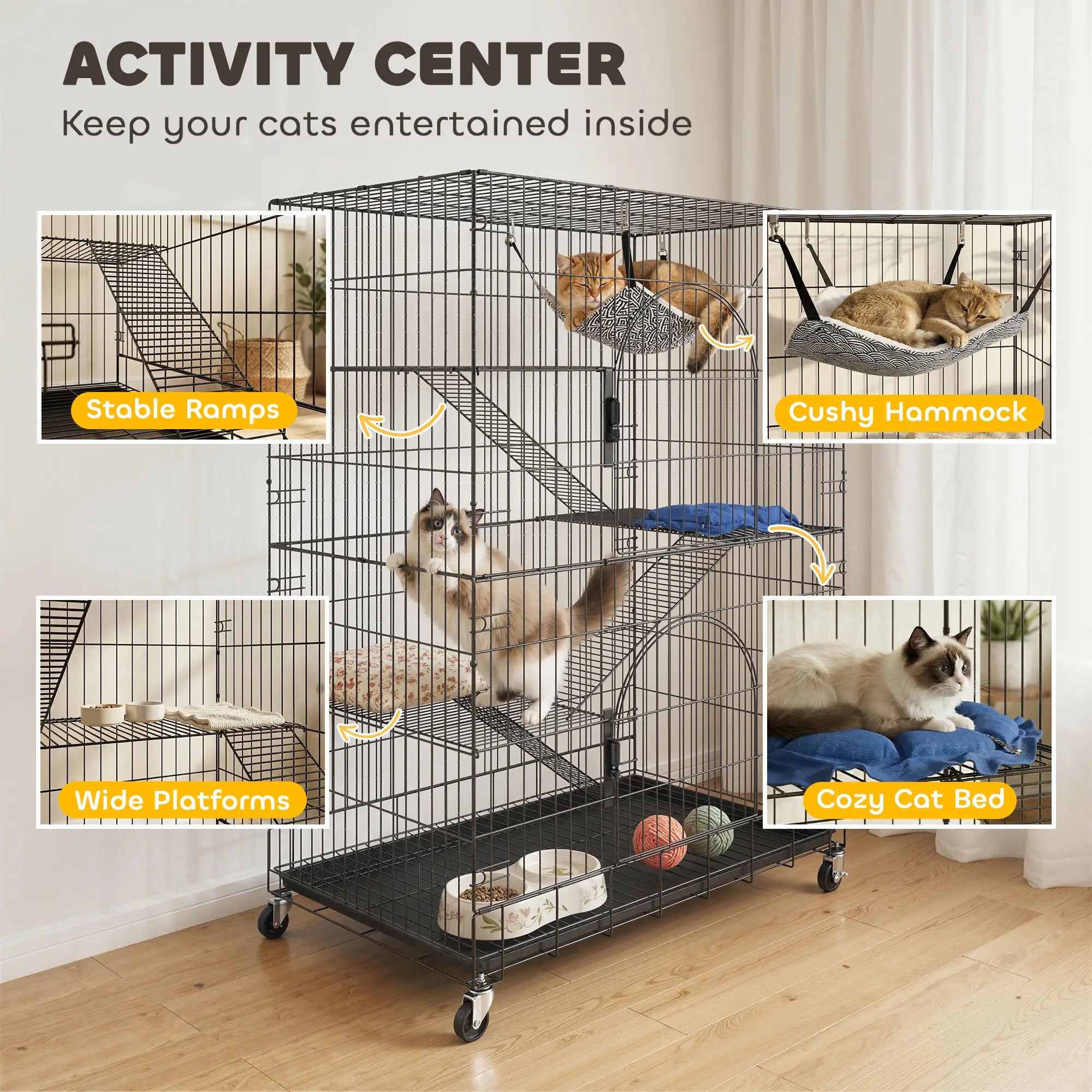 4-Tier Cat Cage, Large Enclosure with Lockable Wheels, Tray, Hammock Outdoor Cat Enclosures at Gallery Canada