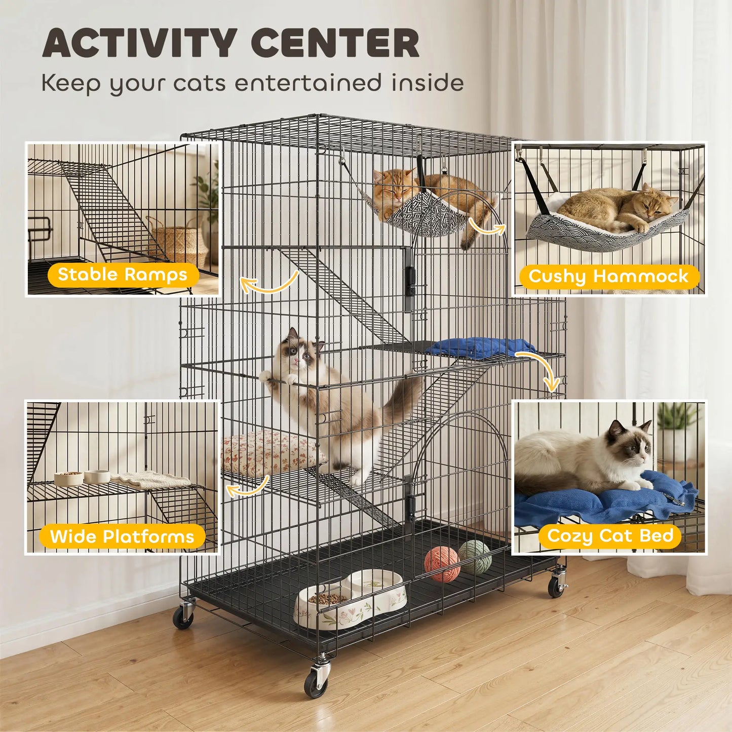 4-Tier Cat Cage, Large Enclosure with Lockable Wheels, Tray, Hammock Outdoor Cat Enclosures at Gallery Canada