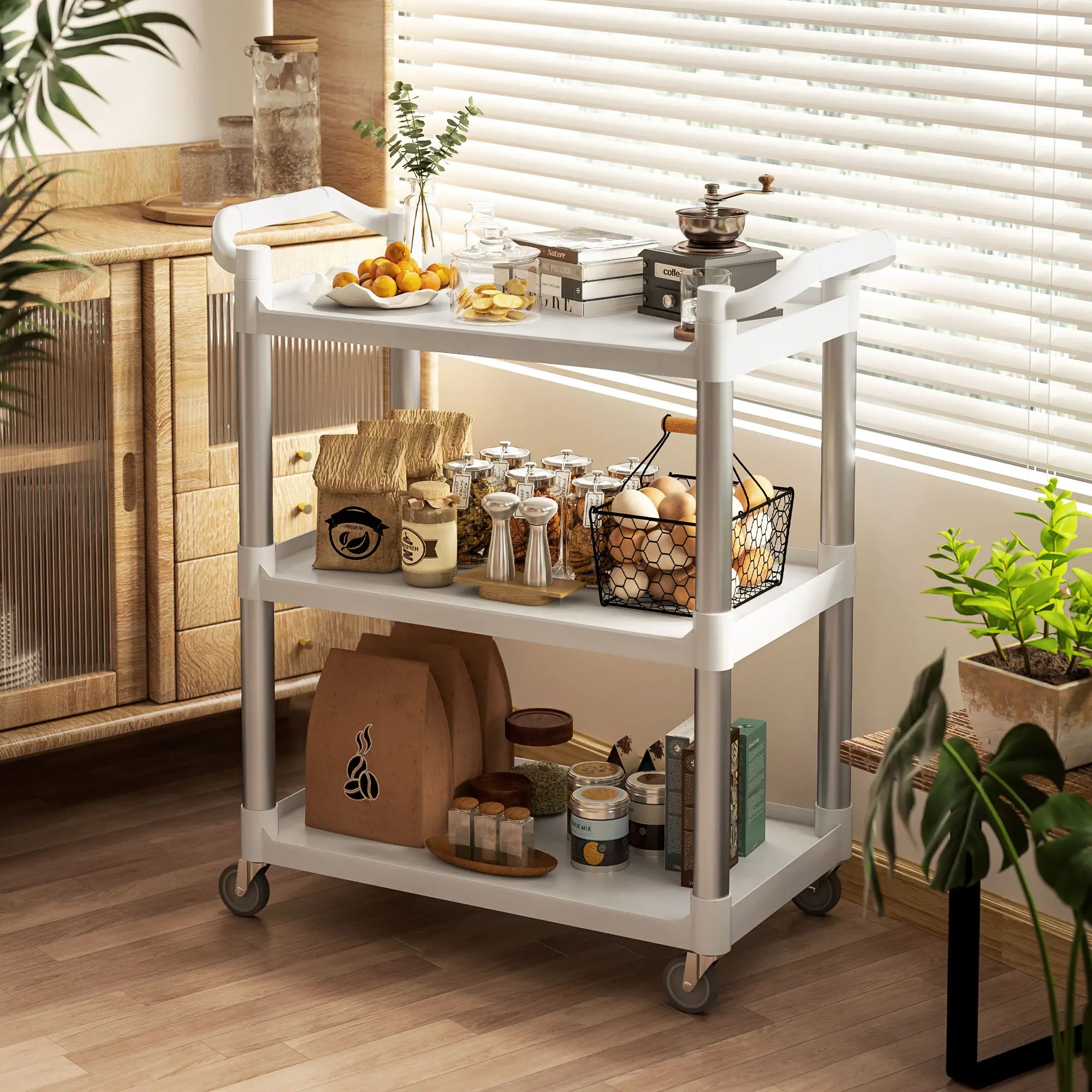 3-Tier Utility Cart, Rolling Storage Trolley, 3 Shelves, Silver White Kitchen Islands & Kitchen Carts at Gallery Canada