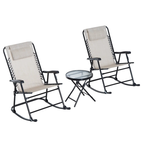 3pc Patio Rocking Chair Set, Folding Outdoor Chairs w/ Table, Cream White
