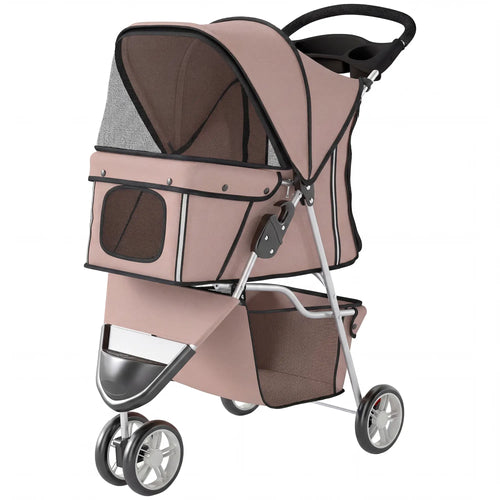 3 Wheels Foldable Dog Stroller, Storage Basket, Adjustable Canopy, Coffee