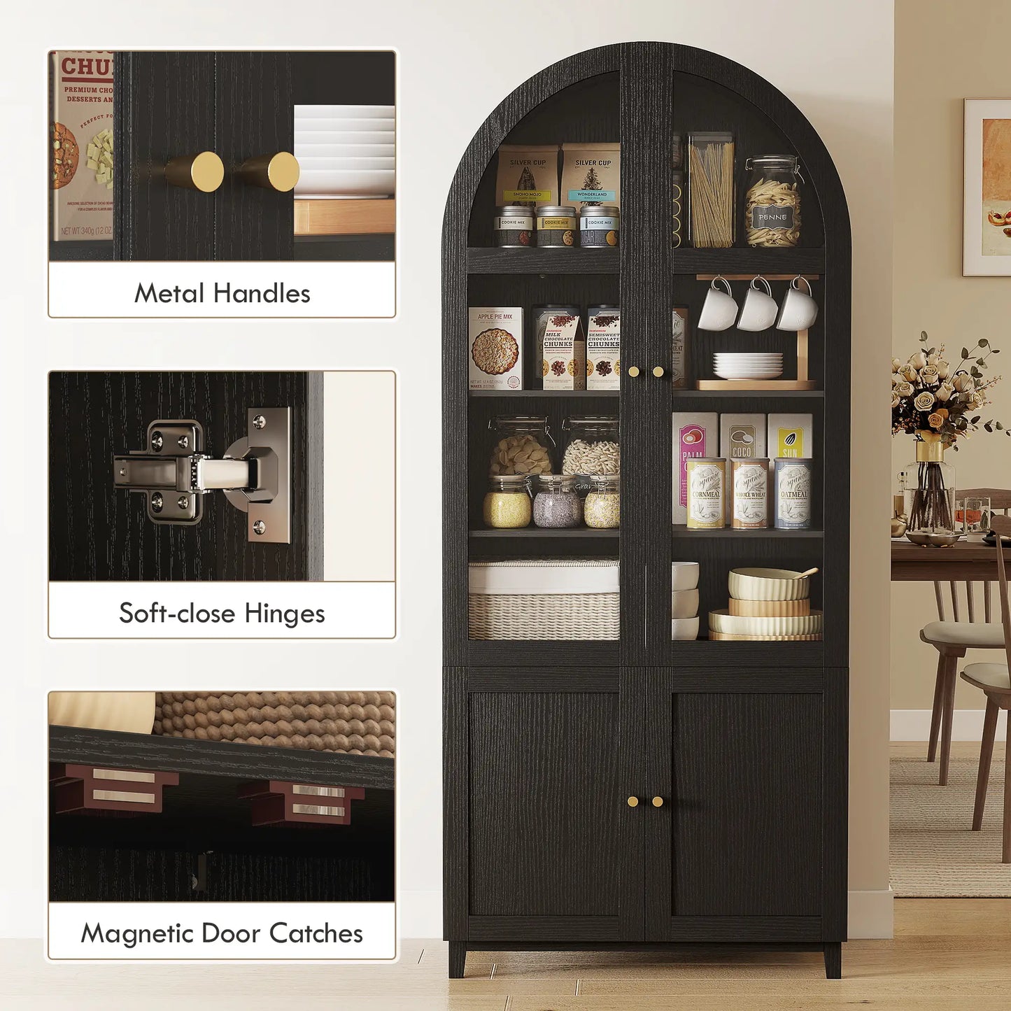 Arched Kitchen Pantry Cabinet, 71" Tall, Adjustable Shelves, Acrylic Doors, Black Kitchen Pantry Cabinets at Gallery Canada