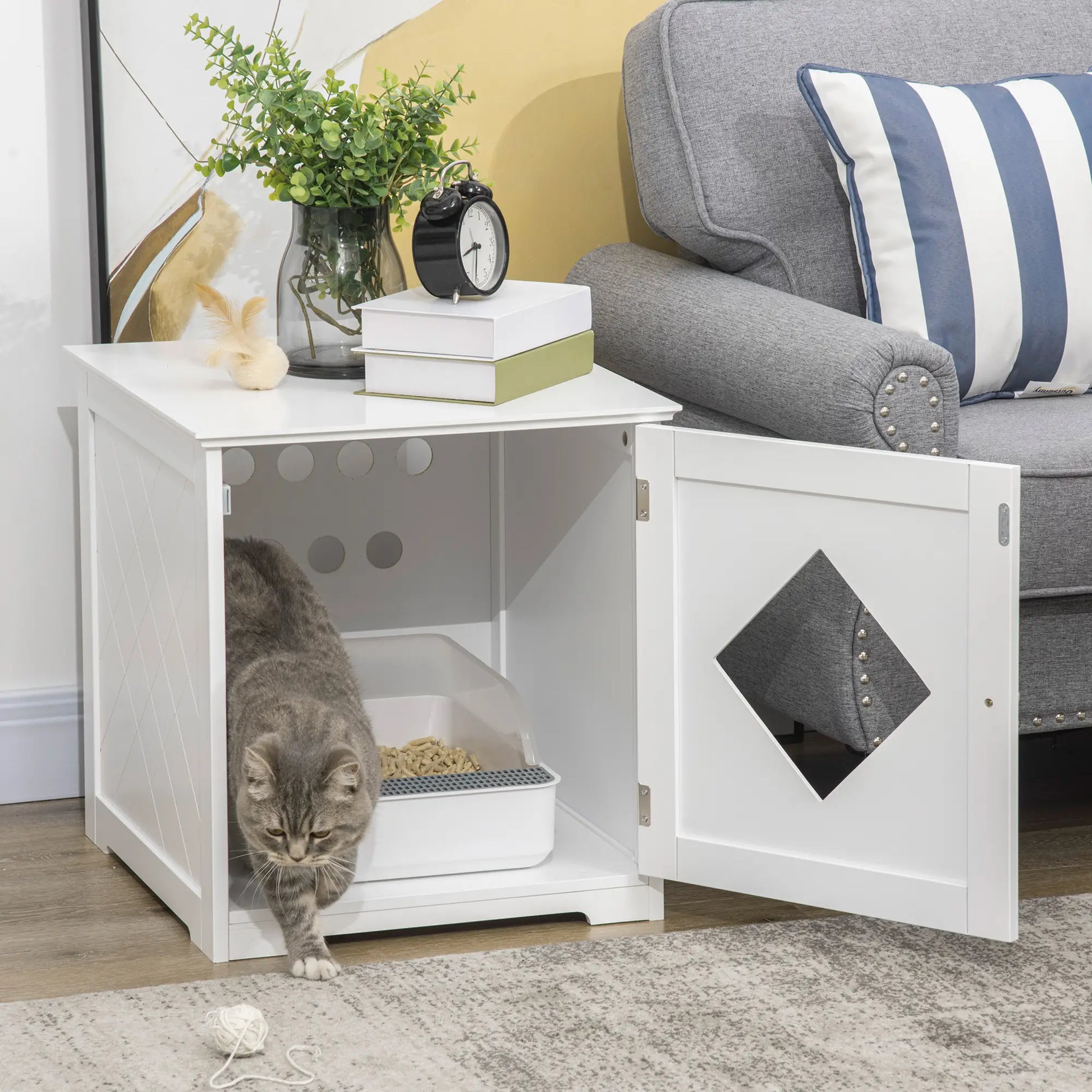 Cat Litter Box Enclosure End Table, Indoor Washroom with Magnetic Door, White Cat Litter Box Enclosures at Gallery Canada