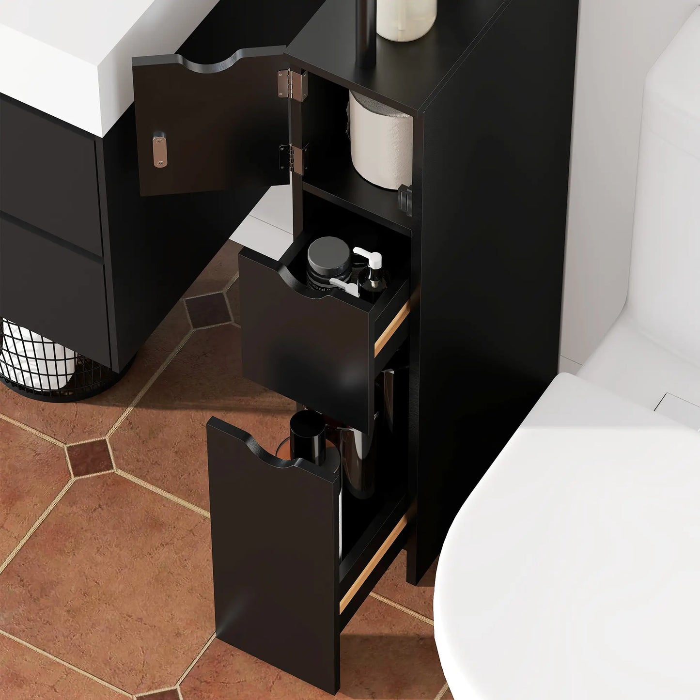 Tall Narrow Bathroom Storage Cabinet, Drawers and Shelves, Black Bathroom Cabinets at Gallery Canada