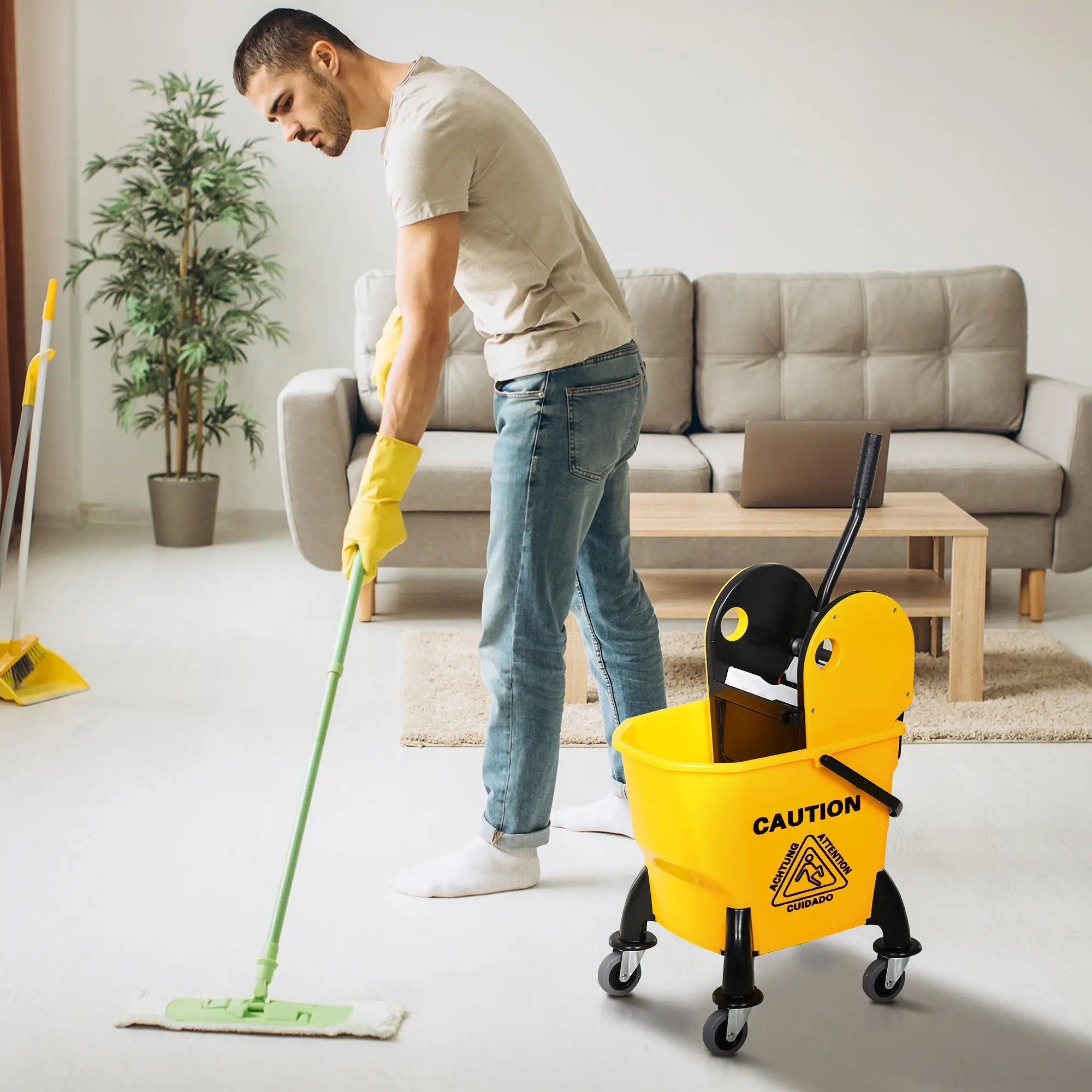 6.9 Gal/26L Mop Bucket With Wringer, Wheels, Handle, Yellow Household Supplies at Gallery Canada