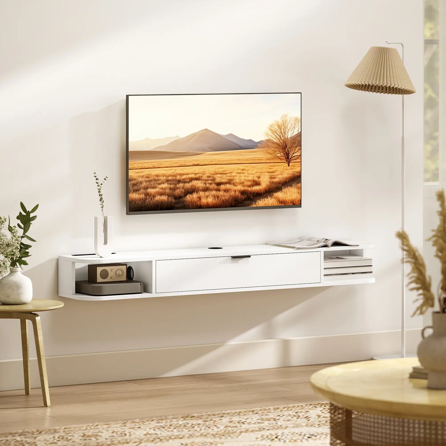 55 Inch Floating TV Stand, Wall Mounted Media Console, Flip Drawer, 2 Shelves, White TV Stands at Gallery Canada