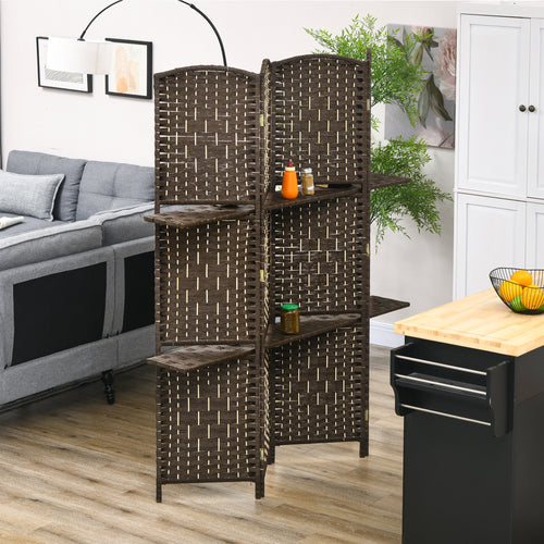 5.6 Ft Tall Folding Room Divider with Storage Shelves, 4 Panel Portable Privacy Screen for Home Office, Bedroom, Brown