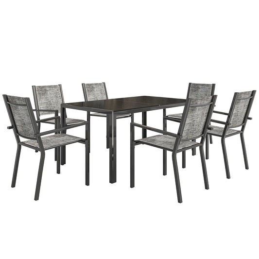 7-Piece Outdoor Dining Set, 6 Stackable Chairs, Rectangle Table, WPC Slatted Top Outdoor Dining Sets Grey, Black, Mixed-Grey at Gallery Canada