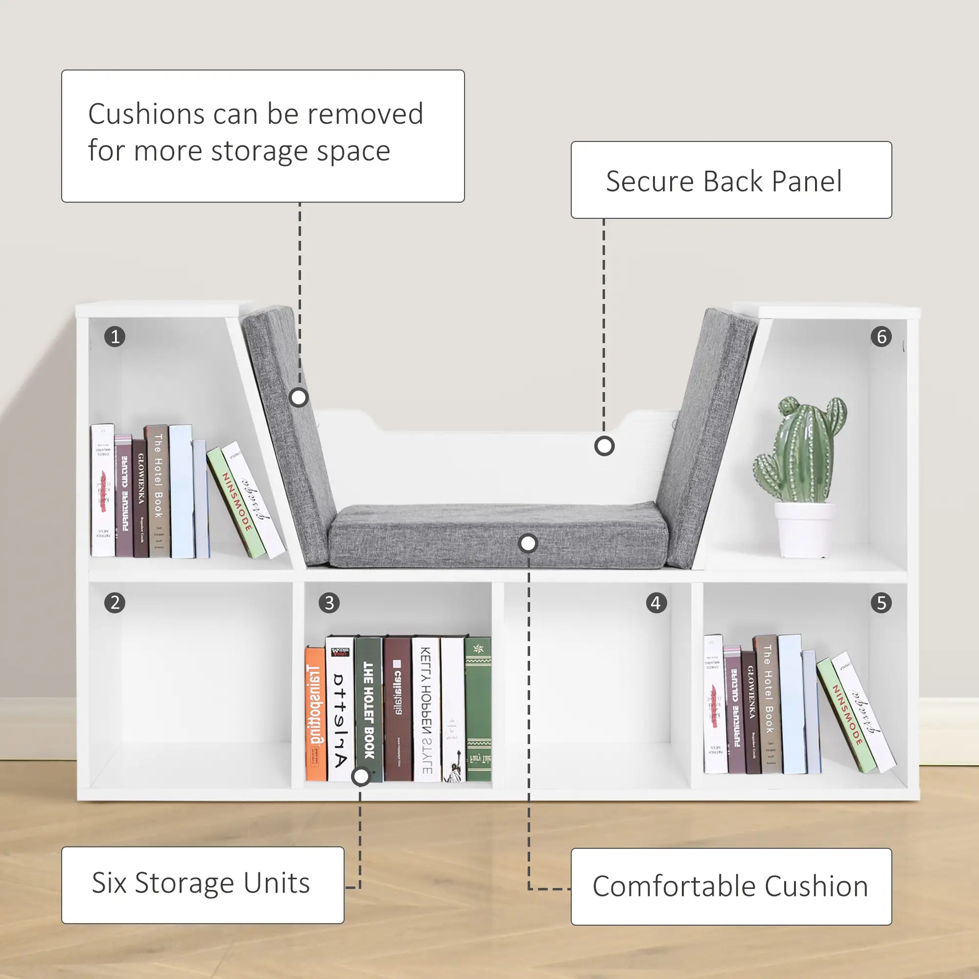 6-Cubby Bookcase with Seat Cushion, Cube Storage Shelf, Grey Small Bookshelves at Gallery Canada